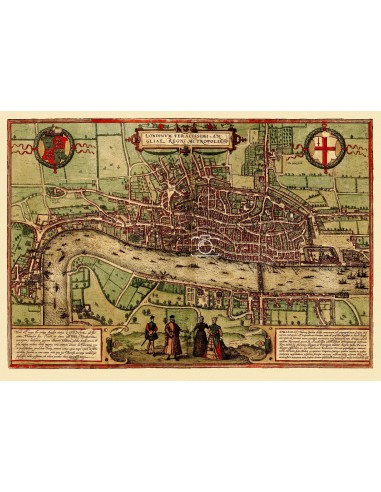 LONDRES vers 1570 par BRAUN HOGENBERG - REPRODUCTION d1 CARTE ANCIENNE Amélioration de cerveau avec